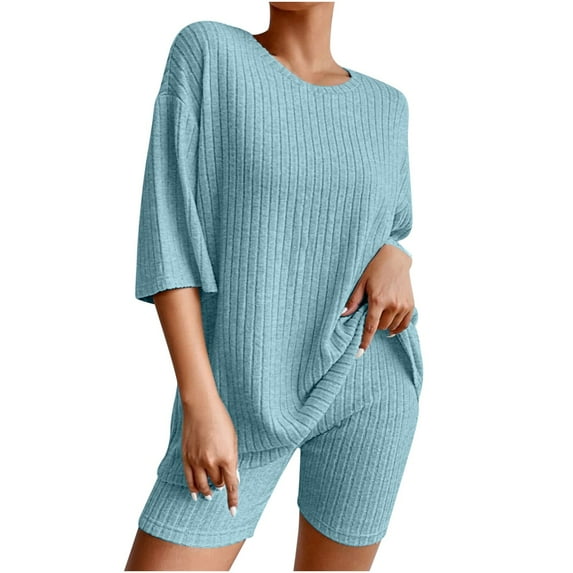 Atogsazn Summer Knit Ribbed Pajama Sets Women 2 Piece Shorts Outfits Casual Round Neck Short Sleeve and Biker Shorts Set Blue XL