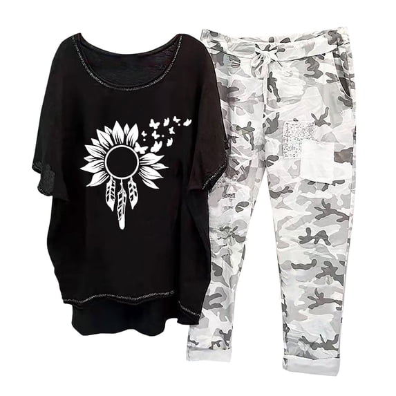 Atogsazn Summer Linen 2 Piece Sets Casual Print Crewneck Half Sleeve Pullover Shirt Tops + Wide Leg Capri Trousers Set Black M on Clearance