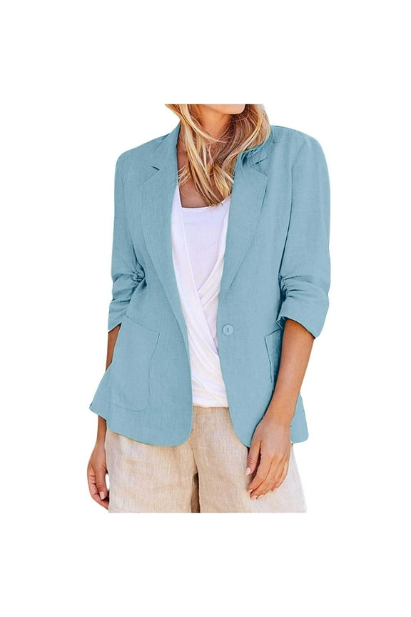 Summer Linen Blazer for Women Casual Button 3/4 Sleeve Jackets Business Workout Top with Pockets Light Blue L
