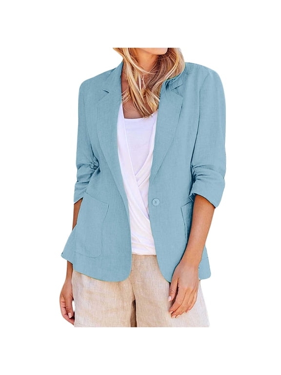 Summer Linen Blazer for Women Casual Button 3/4 Sleeve Jackets Business Workout Top with Pockets Light Blue L