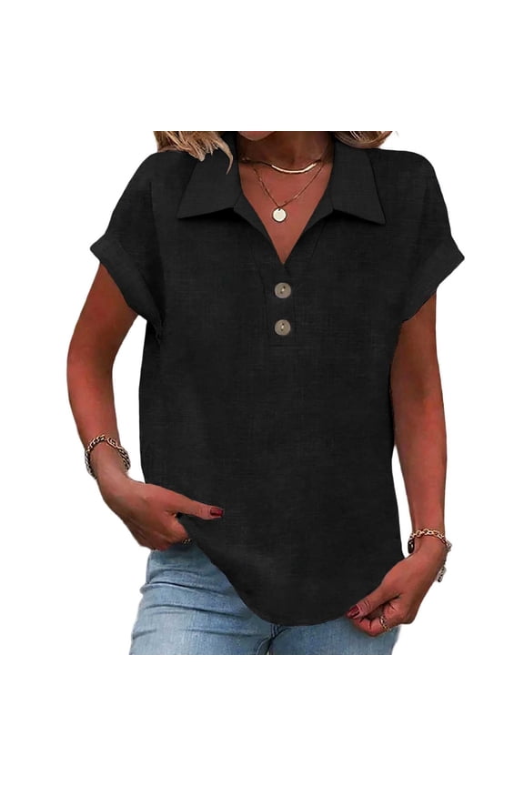 Summer Linen Shirt for Women Casual V Neck Button Short Sleeve T-shirt Loose Fit Tunic Tops Basic Tee Black L Fashion