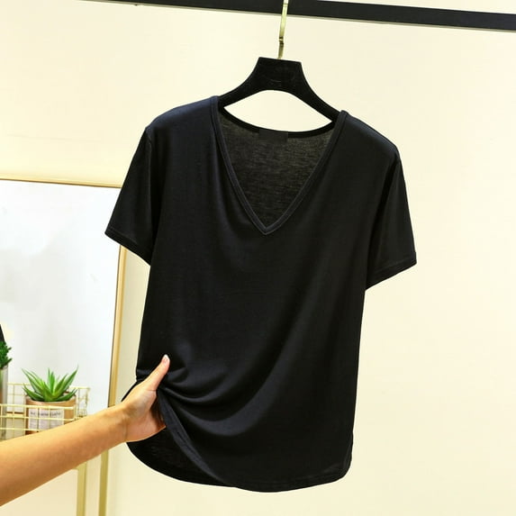 Atogsazn Summer Pajama Tops for Women Plain Casual Fashion V-Neck Short Sleeve Sleepwear Tops Oversized Tshirts for Women Black M