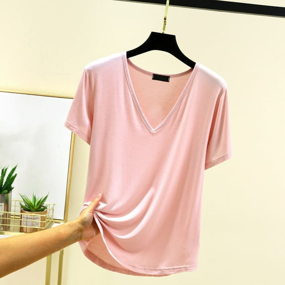 Atogsazn Summer Pajama Tops for Women Plain Casual Fashion V-Neck Short Sleeve Sleepwear Tops Oversized Tshirts for Women Pink L