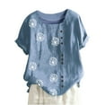 thumbnail image 1 of Atogsazn Summer Short Sleeve Shirts for Women Casual Round Neck Flower Printing Loose Blouses Linen Tops for Women Blue L, 1 of 5