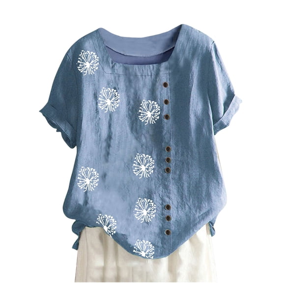Atogsazn Summer Short Sleeve Shirts for Women Casual Round Neck Flower Printing Loose Blouses Linen Tops for Women Blue L