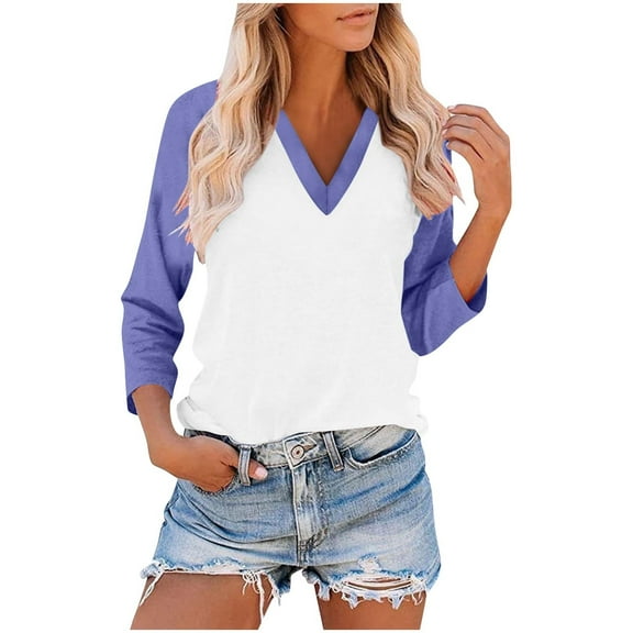Atogsazn Summer V Neck Shirts for Womens Casual 3/4 Sleeve Tunic Basic Blouse Loose Pullover Tops Outfit Dark Purple S
