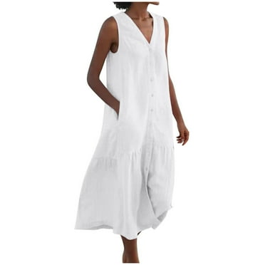 Atogsazn Sundresses for Women Casual Loose Solid Solor Button Pocket Sleeveless V-Neck Long Dress Plus Size Summer Dresses White L on Clearance