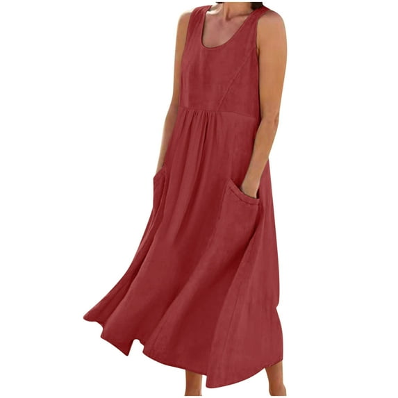 Atogsazn Sundresses for Women Casual Solid Color Sleeveless Round Neck Cotton Linen Long Dress Plus Size Summer Flowy Dresses Red XXXXL