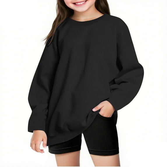 Atogsazn Sweatshirt for Girls Kids Unisex Casual Fleece Pullover Long Sleeve Sweater Fall Crew Neck Loose Top Clothes Black 11-12 Years Fashion