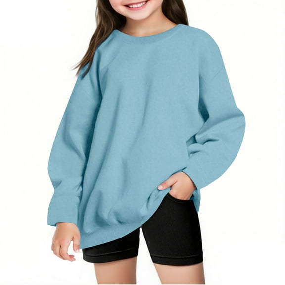 Atogsazn Sweatshirt for Girls Kids Unisex Casual Fleece Pullover Long Sleeve Sweater Fall Crew Neck Loose Top Clothes Light Blue 5-6 Years Fashion