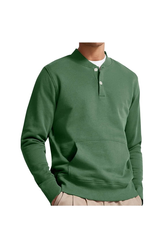 Sweatshirt for Men Button Long Sleeve Pullover Sweatshirts Spring Fall Basic Tops Clothes Trendy Green XXL Fashion