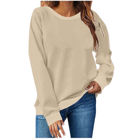 Atogsazn Sweatshirt for Women Casual Loose Pullover Sweatshirts Fall Clothing Tops Sweater with Zip Pocket Khaki XXL Fashion