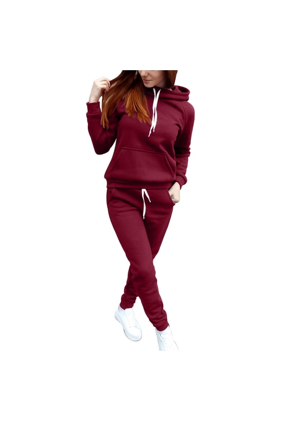 Sweatsuits for Women Solid Hooded Long Sleeve Sweatshirt Tops and Jogger Pants Sweatpants 2 Piece Tracksuit Sets Red M