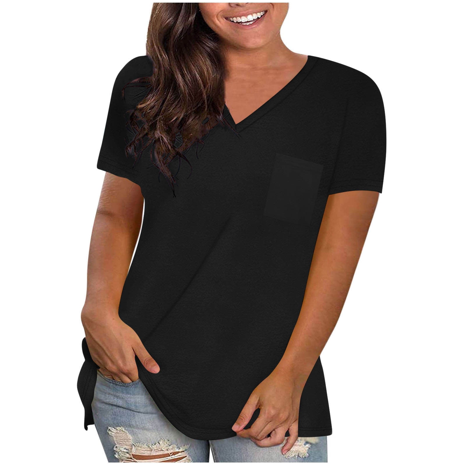 Jyanl Womens Short Sleeve Shirts V Neck Summer Tops Casual Button Down Shirts Cute Dressy Office Work Blouse Tunic Tops, Black, X-Large