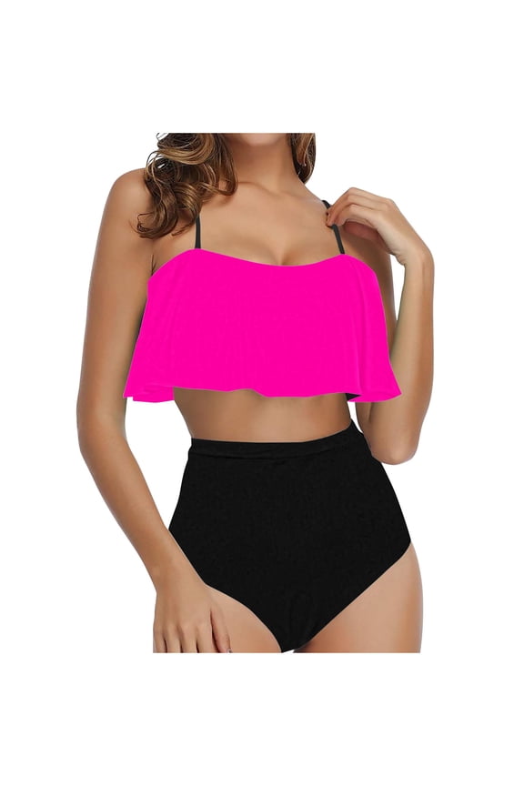 Tankini Swimsuit for Women Plus Size Bathing Suits Tummy Control High Waisted Two Piece Ruffled Bikini Set Swimswear Hot Pink XL