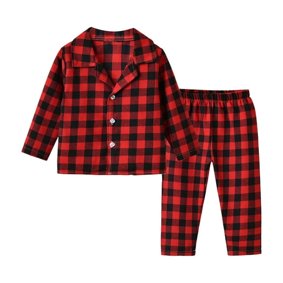 Atogsazn Toddler Baby Boys Girls Plaid Pajama Set Children's Button Long Sleeve Shirt and Pants Set Kids Home Clothes Outfits Red 18-24 Months