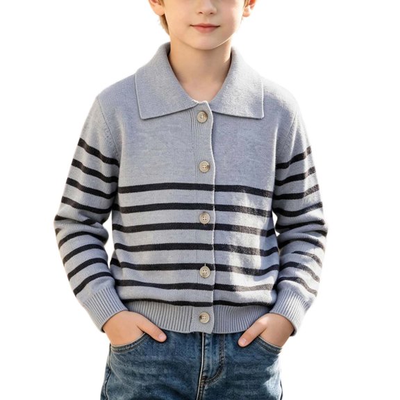Atogsazn Toddler Baby Boys Knit Sweater Kids Collared Long Sleeve Striped Long Sleeve Sweaters Fall Winter Tops Gray 7-8 Years Fashion