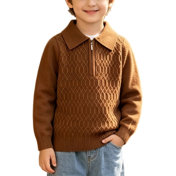 Atogsazn Toddler Baby Boys Knitted Sweater Kids Casual Quarter Zip Long Sleeve Sweatshirt Fall Tops Clothes Brown 3-4 Years Fashion
