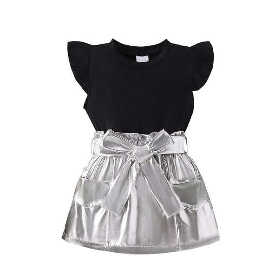 Atogsazn Toddler Baby Girl Clothes Set Newborn Ruffle Ribbed Top and Shiny Metallic Skirt with Belt Outfit Silver 12-18 Months Fashion