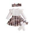 thumbnail image 1 of Atogsazn Toddler Baby Girls Clothes Set Newborn Ruffle Ribbed Long Sleeve Plaid Dress with Headband Stocking Brown 6-9 Months Fashion, 1 of 9