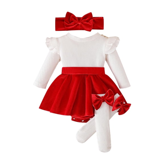 Atogsazn Toddler Baby Girls Clothes Set Newborn Ruffle Ribbed Long Sleeve Velvet Dress with Headband Stocking Red 3-6 Months Fashion