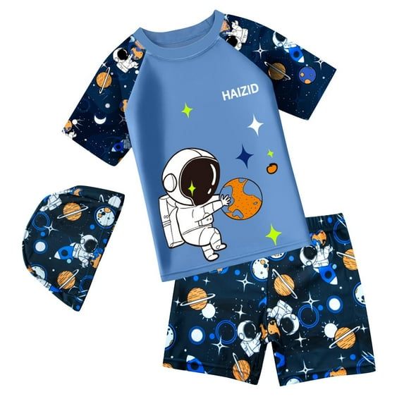 Atogsazn Toddler Boy 3Pcs Swimsuit Kid Printed Short Sleeve Tshirt and Shorts with Hat Swim Set Swimwear Navy 9-11 Years