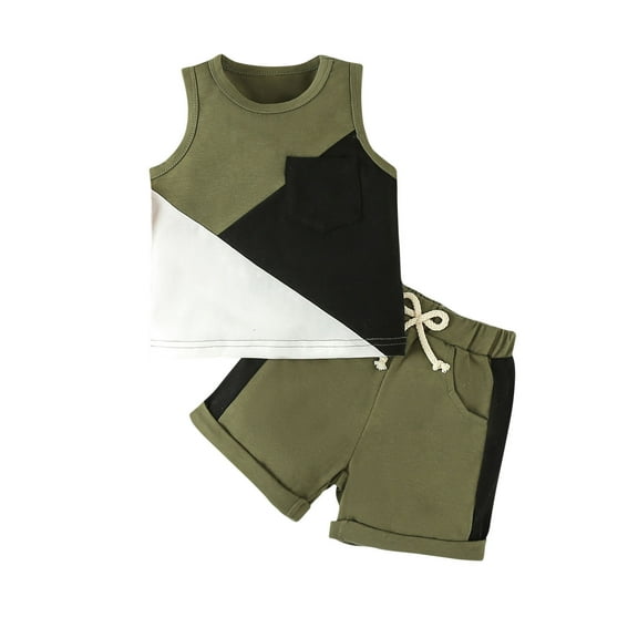 Atogsazn Toddler Boy Clothes Baby Boys Cute Sleeveless Patchwork Sweatshirt Tops Pants Outfit Set 2Pcs Set Army Green 12-18 Months