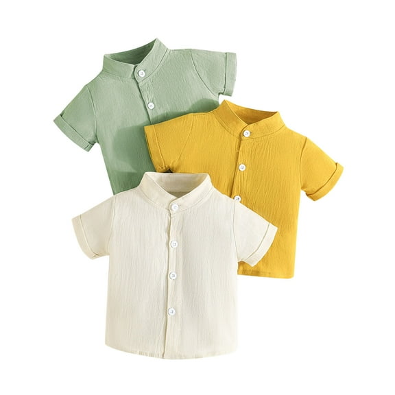 Atogsazn Toddler Boys 3PC Linen Shirts Kids Casual Button Short Sleeve Shirts Clothes Uniform Top for Girl Yellow 6-9 Months