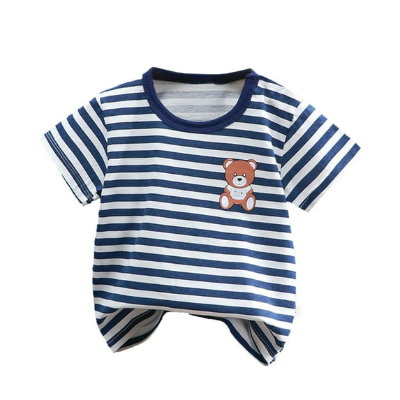Atogsazn Toddler Boys Cotton T Shirt Kids Casual Striped Printed Short Sleeve T-shirt Summer Fashion Clothes 04-Blue 4-5 Years on Clearance