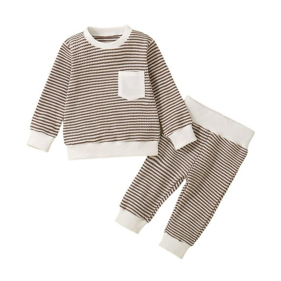 Atogsazn Toddler Boys Fall Outfits Children's Striped Long Sleeve Sweatshirts and Long Pants 2Pcs Clothes Set B-Brown 12-18 Months