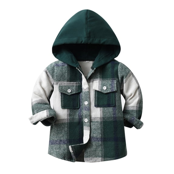 Atogsazn Toddler Boys Girls Plaid Jacket Kids Button Long Sleeve Shirts Loose Hooded Coat for Children Green 5-6 Years on Clearance