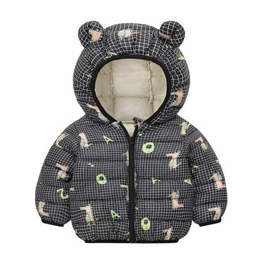 Atogsazn Toddler Boys Girls Puffer Jacket Kids Cute Printed Zip Up Long Sleeve Hooded Jackets Winter Clothes Black 3-4 Years on Clearance