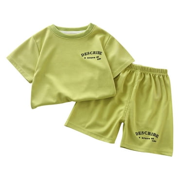 Atogsazn Toddler Boys Girls Summer 2PC Sets Children's Round Neck Short Sleeve T Shirt and Shorts Set Letter Print Tops Green 5-6 Years on Clearance