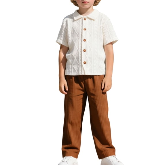 Atogsazn Toddler Boys Summer Clothes Set Casual Ribbed Button Down Shirt Loose Fit Pants 2 Piece Outfit White 1-2Years Fashion