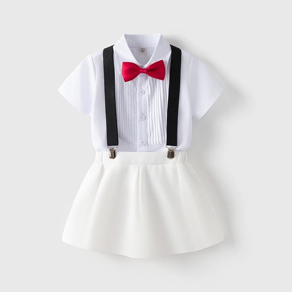 Atogsazn Toddler Boys Summer Clothes Set Kids Gentleman Short Sleeve Shirts Suspender Shorts Outfit 3Pcs Sets Beige 5-6 Years
