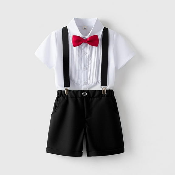Atogsazn Toddler Boys Summer Clothes Set Kids Gentleman Short Sleeve Shirts Suspender Shorts Outfit 3Pcs Sets Black 10-11 Years