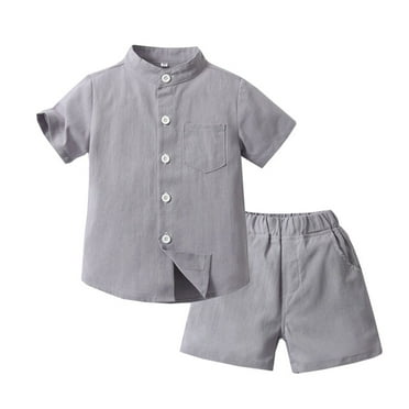 Atogsazn Toddler Boys Summer Clothes Short Sleeve Shirt and Shorts Set Kids Linen Casual Outfit Set Gray 9-12 Months on Clearance