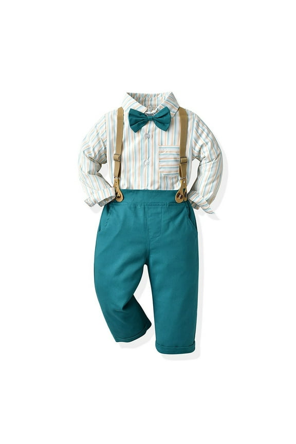 Toddler Dress Suit Baby Boys Long Sleeve Clothes Sets Bow Ties Shirts + Suspenders Pants Outfits A-Light Blue 7-8 Years
