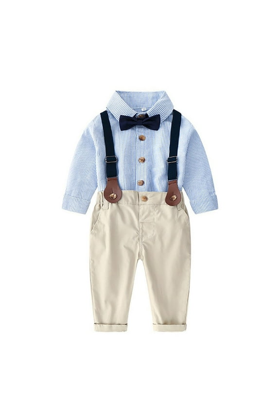 Toddler Dress Suit Baby Boys Long Sleeve Clothes Sets Bow Ties Shirts + Suspenders Pants Outfits B-Light Blue 4-5 Years