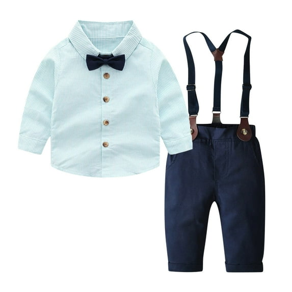 Atogsazn Toddler Dress Suit Baby Boys Long Sleeve Clothes Sets Bow Ties Shirts + Suspenders Pants Outfits C-Green 7-8 Years