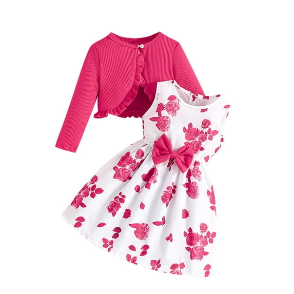 Atogsazn Toddler Girl Dress Set Kid Casual Floral Printed Sleeveless Dresses and Jacket Outfit Clothes Hot Pink 2-3 Years