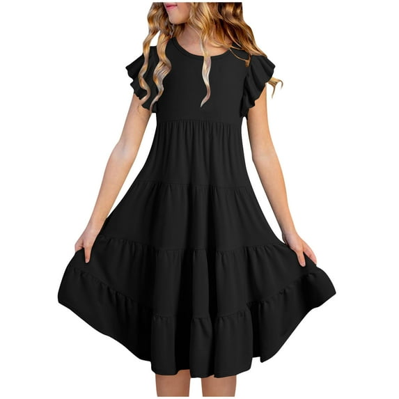 Atogsazn Toddler Girl Dress Summer New Short Sleeve Ruffled Pockets Round-Neck Solid Color Beach Dresses Baby Girl Clothes Black 12-13 Years on Clearance