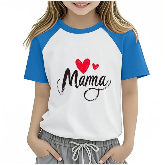 Atogsazn Toddler Girl Mother's Day Tshirt Kids Casual Colorblock Short Sleeve T-shirt Clothing Basic Top for Boy 01-Blue 9-10 Years