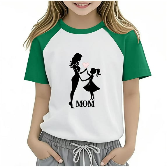 Atogsazn Toddler Girl Mother's Day Tshirt Kids Casual Colorblock Short Sleeve T-shirt Clothing Basic Top for Boy 02-Green 7-8 Years