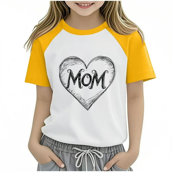 Atogsazn Toddler Girl Mother's Day Tshirt Kids Casual Colorblock Short Sleeve T-shirt Clothing Basic Top for Boy 03-Yellow 9-10 Years
