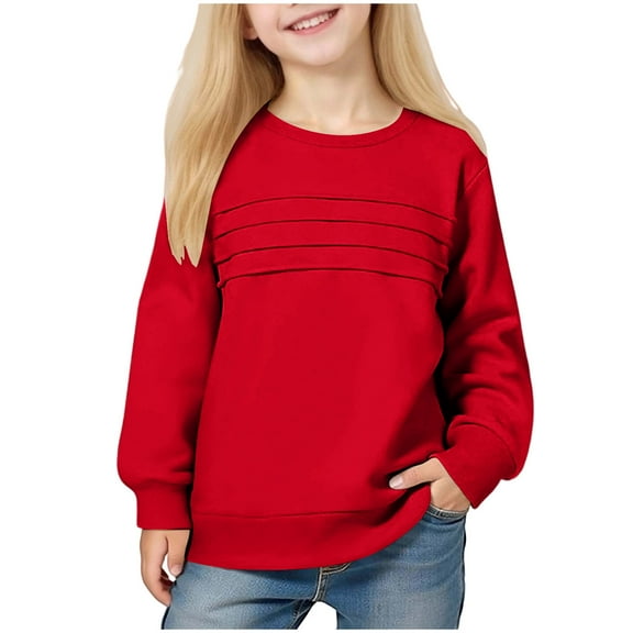 Atogsazn Toddler Girl Pleated Sweatshirts Kids Long Sleeve Pullover Sweatshirt Relaxed Fit Sweater Jacket Clothing 02-Red 13-14 Years Fashion