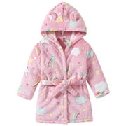 Atogsazn Toddler Girl Plush Fuzzy Robe Kids Printed Fleece Long Sleeve Hooded Bathrobe Winter Warm Clothes Pink 4-5 Years