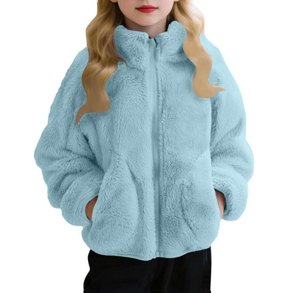 Atogsazn Toddler Girl Sherpa Jacket Kids Fuzzy Zip Up Long Sleeve Coat Fleece Winter Thick Warm Top Clothing with Pocket Sky Blue 6-7 Years Fashion