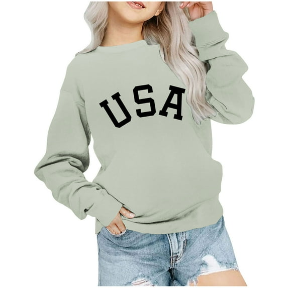 Atogsazn Toddler Girl Sweatshirt Kids Casual Letter Printed Long Sleeve Pullover Sweatshirts Fashion Clothes 01-Green 7-8 Years