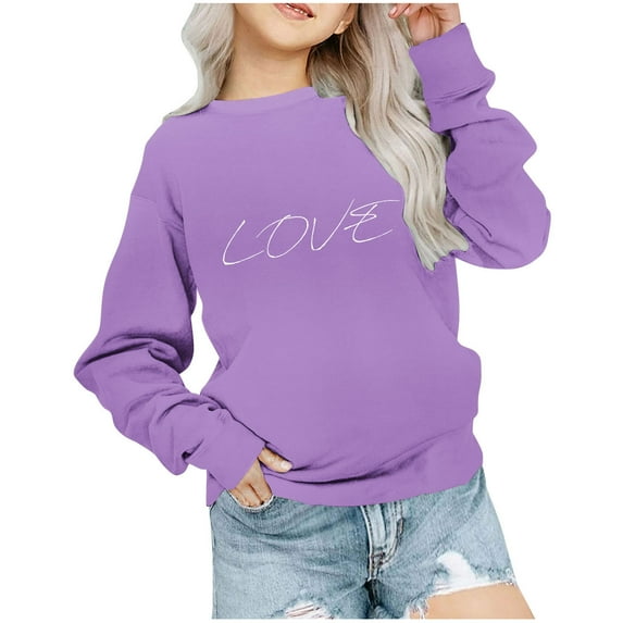 Atogsazn Toddler Girl Sweatshirt Kids Casual Letter Printed Long Sleeve Pullover Sweatshirts Fashion Clothes 02-Purple 1-2 Years